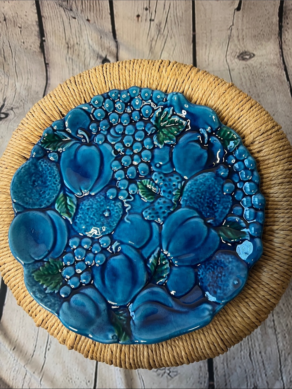 Vintage Teal Blue High Relief Fruit Ceramic Majolica Style Plate 10”